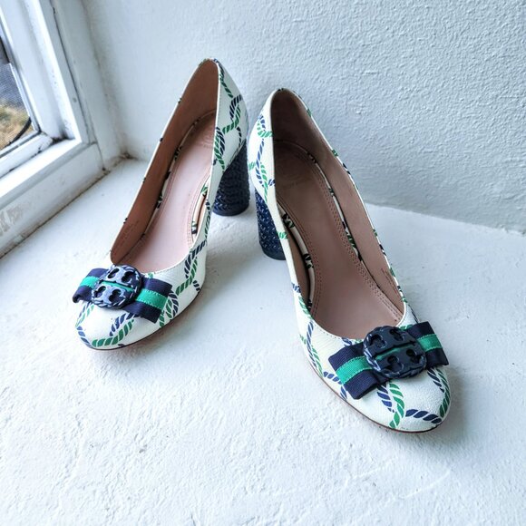 LIKE NEW VINTAGE AUTHENTIC TORY BURCH NAUTICAL CLASSIC LEATHER HEELS SHOES - Picture 9 of 14